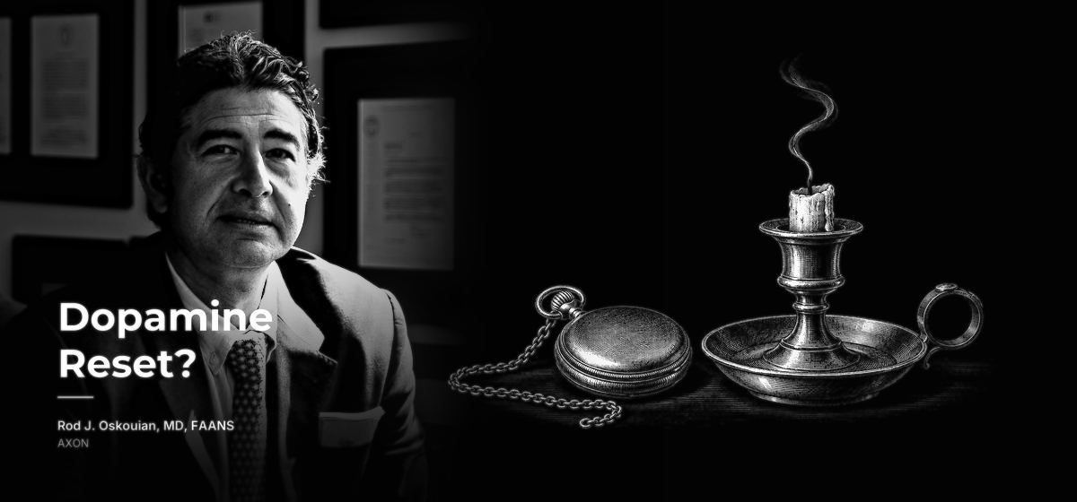 Dr. Rod Oskouian beside an engraved bedside candlestick that has just been snuffed out, with a closed pocket watch beside it. AXON, by Rod J. Oskouian, MD, FAANS