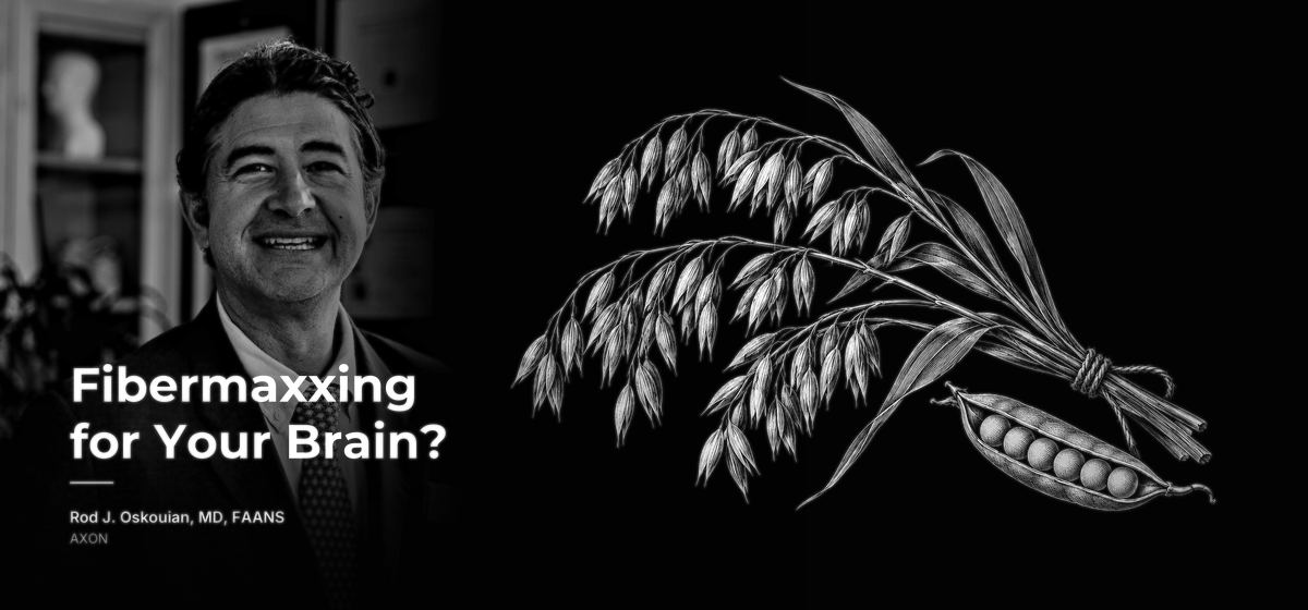 Dr. Rod Oskouian beside an engraving of three oat stalks and an open pea pod. AXON, by Rod J. Oskouian, MD, FAANS